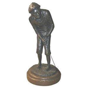 Vintage Sculpture 1987 Michael Garman Golfing Man Resin On Wooden Base